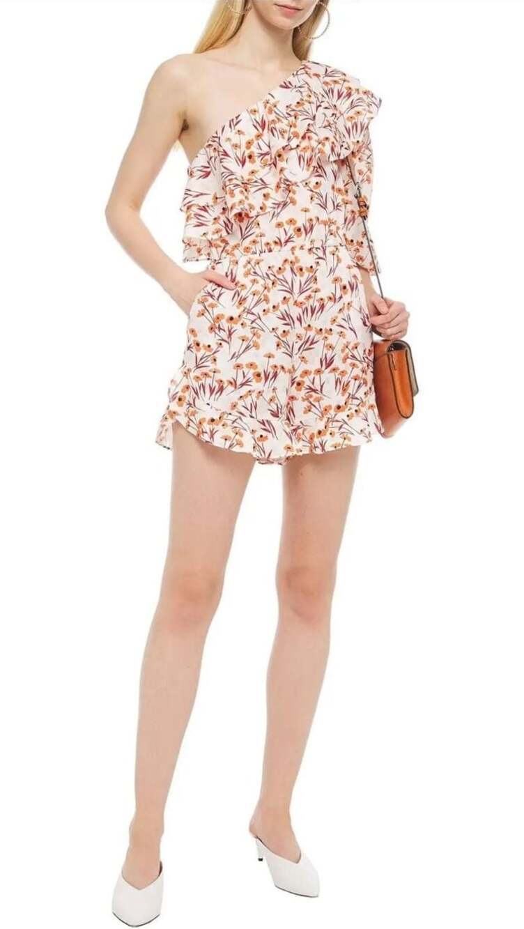 Maje Irene One-Shoulder Ruffled Metallic Fil Coupé Floral-Jacquard Playsuit